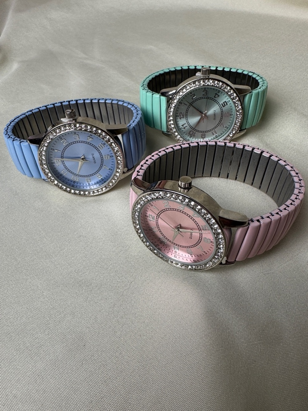Set of 3 Rhinestone Accent Stretch Band Watches - Pastel Pink, Blue, Mint